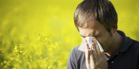 Man blowing nose in a field of flowers because of allergies